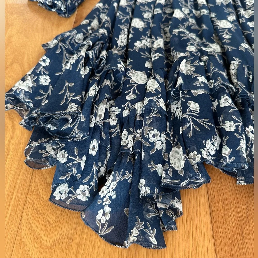 Ulla Johnson - Navy Floral Silk Ruffle Long Sleeve Dress - 4/S - Picture 7 of 9